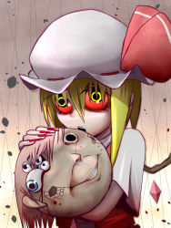 Rule 34 | 1girl, :o, bad id, bad pixiv id, blonde hair, blood, blood stain, blue eyes, broken, colored sclera, crack, creepy, crystal, demon wings, eyeball, fingernails, flandre scarlet, gradient background, hair between eyes, hat, hat ribbon, highres, holding, horror (theme), long fingernails, mob cap, nail polish, okahi, open mouth, pale skin, red nails, red sclera, ribbon, sharp fingernails, short sleeves, sidelocks, simple background, solo, teeth, touhou, upper body, vampire, wings, yellow eyes, yellow pupils