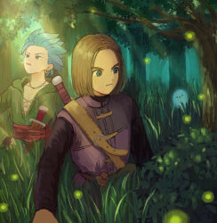 Rule 34 | 2boys, belt, blue eyes, blue hair, brown belt, brown hair, bush, camus (dq11), dagger, dappled sunlight, dragon quest, dragon quest xi, earrings, fireflies, foliage, forest, grass, hero (dq11), highres, hoop earrings, jewelry, knife, light rays, long sleeves, male focus, multiple boys, nature, necklace, outdoors, pikara, spiked hair, sunlight, sword, tree, weapon, weapon on back