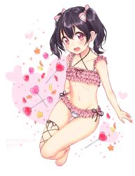 Rule 34 | 10s, 1girl, bare shoulders, barefoot, black hair, black ribbon, blush, bow, bra, cinderella bust, collarbone, frilled bra, frilled panties, frills, full body, groin, hair bow, hair ornament, heart, heart-shaped pupils, highres, leg ribbon, long hair, looking at viewer, love live!, love live! school idol project, navel, open mouth, panties, red eyes, ribbon, simple background, solo, symbol-shaped pupils, thigh ribbon, twintails, umeno (shio1205), underwear, underwear only, white background, white panties, yazawa nico