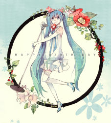 Rule 34 | 1girl, aqua hair, bad id, bad pixiv id, blue eyes, dress, elbow gloves, female focus, flower, gloves, happy birthday, hatsune miku, high heels, leaf, legs, long hair, microphone, microphone stand, mig (36th underground), shoes, smile, solo, thighhighs, twintails, very long hair, vocaloid, white gloves