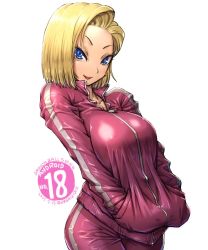 Rule 34 | 10s, 1girl, amania orz, android 18, blonde hair, blue eyes, breasts, character name, collarbone, copyright name, dated, dragon ball, dragon ball super, earrings, hands in pockets, jacket, jewelry, large breasts, long sleeves, looking at viewer, pants, shiny clothes, short hair, simple background, solo, track jacket, track pants, track suit, twitter username, white background, zipper