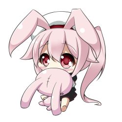 Rule 34 | 10s, 1girl, animal ears, beret, chibi, commentary request, hugging doll, harusame (kancolle), hat, kantai collection, kemonomimi mode, long hair, looking at viewer, hugging object, peta (taleslove596), pink hair, pleated skirt, rabbit ears, red eyes, school uniform, serafuku, side ponytail, simple background, sitting, skirt, solo, stuffed animal, stuffed rabbit, stuffed toy, white background
