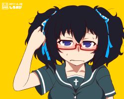 Rule 34 | 1girl, alternate eye color, alternate hairstyle, artist logo, artist name, black hair, blouse, blue eyes, blue ribbon, blush, closed mouth, commentary, dated, frown, girls und panzer, glasses, grey shirt, hair ribbon, hand in own hair, highres, looking at viewer, medium hair, one-hour drawing challenge, oryou (girls und panzer), red-framed eyewear, ribbon, sailor collar, semi-rimless eyewear, shiroobi (whitebeltmaster), shirt, short sleeves, simple background, solo, sweatdrop, twintails, under-rim eyewear, yellow background