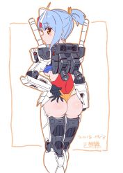 Rule 34 | 1girl, ass, backpack, bag, black gloves, blue hair, blush, breasts, brown eyes, dated, from behind, gloves, gundam, highres, leotard, leotard pull, looking at viewer, looking back, mecha musume, medium breasts, michi kuso, mobile suit gundam, personification, rx-78-2, solo, thrusters, underboob, v-fin