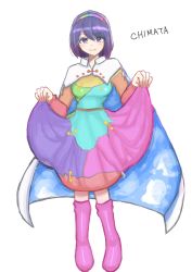 Rule 34 | 1girl, blue eyes, blue hair, boots, breasts, cape, character name, cloak, closed mouth, detached sleeves, dress, eyelashes, fingernails, hairband, highres, holding, holding clothes, holding dress, long sleeves, medium breasts, miton iguana, multicolored clothes, multicolored dress, multicolored hairband, purple footwear, rainbow gradient, short hair, simple background, sky print, smile, tenkyuu chimata, touhou, two-sided cape, two-sided fabric, white background, white cape, white cloak, zipper