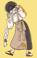 Rule 34 | 1girl, a.i. voice, adjusting clothes, adjusting headwear, asagi narcissus, black hat, braid, brown skirt, cabbie hat, closed eyes, commentary, facing viewer, full body, glasses, grey hair, grin, hair tubes, hands up, hat, high-waist skirt, highres, kizuna akari, kizuna akari (a.i. voice), leaning to the side, long hair, shirt, shoes, skirt, smile, sneakers, solo, standing, star (symbol), star print, suspender skirt, suspenders, v, very long hair, voiceroid, white footwear, white shirt, yellow background