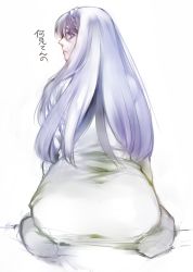 Rule 34 | 1girl, ass, back, braid, character request, copyright request, from behind, highres, kneeling, long hair, looking back, purple hair, simple background, sitting, solo, source request, takayama dan, white background