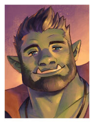 Rule 34 | 1boy, absurdres, bara, beard, black hair, blue eyes, colored skin, commission, facial hair, green skin, highres, jojo (jonahbuu), looking at viewer, male focus, mature male, orc, original, pointy ears, portrait, second-party source, short hair, smile, solo, spiked hair, thick eyebrows, thick neck, tusks