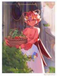 Rule 34 | 1girl, absurdres, antennae, artist name, breasts, carrot, colored sclera, colored skin, dark willow, day, dota (series), dota 2, earrings, highres, holding, jewelry, large breasts, looking at viewer, monster girl, nipples, outdoors, pointy ears, red eyes, red skin, short hair, smile, solo, sorapoi, sweat, topless, wings
