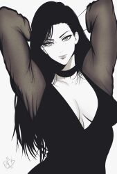 Rule 34 | 1girl, absurdres, arms behind head, arms up, black choker, black dress, black hair, breasts, choker, cleavage, dress, highres, large breasts, long hair, looking at viewer, monochrome, mostlybluewyatt, original, simple background, solo, standing, upper body, v-shaped eyebrows, white background