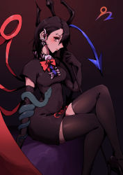 Rule 34 | 1girl, absurdres, asymmetrical wings, black dress, black hair, black thighhighs, blue wings, bow, bowtie, buttons, center frills, crossed legs, dress, ear piercing, elbow gloves, eyebrow piercing, footwear bow, frilled dress, frills, gloves, high heels, highres, houjuu nue, mary janes, piercing, pointy ears, polearm, red bow, red bowtie, red eyes, red footwear, red wings, sailor, shoes, short dress, short hair, short sleeves, sitting, snake, stank, thighhighs, touhou, trident, weapon, wings, wristband