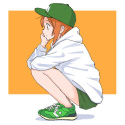 Rule 34 | 1girl, baseball cap, brown hair, casual, closed mouth, commentary, cross-laced footwear, elbows on knees, from side, girls und panzer, green footwear, green hat, green shorts, hat, head rest, hood, hood down, hoodie, light frown, long sleeves, looking to the side, mutsu (layergreen), nishizumi miho, no socks, orange background, shoes, short hair, shorts, simple background, sneakers, solo, squatting, white background, white hoodie