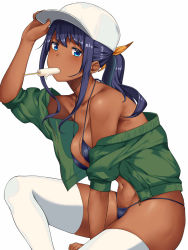 Rule 34 | 1girl, adjusting clothes, adjusting headwear, artist request, bikini, bikini under clothes, blue eyes, blue hair, collarbone, dark-skinned female, dark skin, food, highres, long hair, looking at viewer, mouth hold, navel, original, ponytail, popsicle, skindentation, solo, swimsuit, swimsuit under clothes, tan, thighhighs, white background, white headwear, white thighhighs