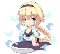 Rule 34 | 1girl, absurdly long hair, bag, bikini, black bikini, black hairband, blonde hair, blue eyes, blue innertube, blue jacket, blush stickers, braid, breasts, chibi, cleavage, closed mouth, collarbone, commentary request, fate/grand order, fate (series), front-tie bikini top, front-tie top, full body, fuuna, hair between eyes, hairband, hood, hood down, hooded jacket, inflatable toy, inflatable whale, innertube, jacket, jeanne d&#039;arc (fate), jeanne d&#039;arc (ruler) (fate), jeanne d&#039;arc (swimsuit archer) (fate), jeanne d&#039;arc (swimsuit archer) (first ascension) (fate), long hair, long sleeves, medium breasts, single braid, smile, solo, swim ring, swimsuit, very long hair