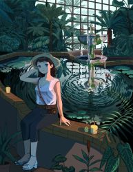 Rule 34 | 1girl, absurdres, blue eyes, blue pants, brown hair, camera, candle, closed mouth, collarbone, denim, fern, fountain, greenhouse, hand up, hat, high heels, highres, indoors, jeans, lily pad, long hair, looking at viewer, mituhati, original, pants, sandals, scenery, shirt, short sleeves, sitting, smile, solo, straw hat, tree, water, white footwear, white shirt