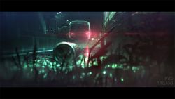Rule 34 | blurry, blurry foreground, can, commentary, drink can, from below, grass, holding, holding umbrella, lamppost, letterboxed, night, night sky, original, railroad tracks, rain, scenery, sky, soda can, tanaka ryosuke, train, train station, umbrella
