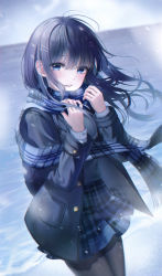 Rule 34 | 1girl, absurdres, black hair, blue eyes, blush, bobmond (artist), coat, collared shirt, highres, long hair, looking at viewer, open mouth, original, pantyhose, scarf, shirt, skirt, snow, solo, wind, winter, winter clothes