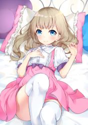 Rule 34 | 1girl, blue eyes, bon (bonbon315), bow, brown hair, commentary request, dress, feet out of frame, frills, highres, long hair, looking at viewer, lying, on back, original, pillow, pink dress, purple bow, short sleeves, smile, solo, thighhighs, white thighhighs