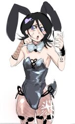 1girl ahegao animal_ears armpits artist_request black_leotard bleach blush bow bowtie breasts cellphone fake_animal_ears fake_bunny_ears fake_tail fishnet_thighhighs fishnets kuchiki_rukia leotard phone playboy_bunny rabbit rabbit_ears selfie small_breasts solo source_request tail thighhighs