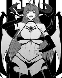 Rule 34 | 1girl, ahoge, bikini, blunt bangs, breasts, bridal gauntlets, chest tattoo, choker, collarbone, commentary, cowboy shot, demon girl, demon horns, demon tail, demon wings, english commentary, fangs, gluteal fold, greyscale, hand on own hip, heart, highres, horns, large breasts, long hair, looking at viewer, mole, mole under eye, monochrome, narrowed eyes, navel, open mouth, original, pointy ears, solo, swimsuit, tail, tattoo, teeth, thighhighs, tongue, v, wings, yones81239278