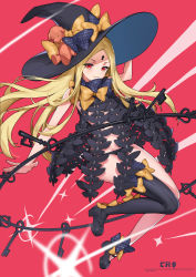 Rule 34 | 1girl, :3, abigail williams (fate), abigail williams (second ascension) (fate), artist name, bare shoulders, black bow, black footwear, black hat, black panties, black thighhighs, blonde hair, blue eyes, bow, commentary request, cro (artist), fate (series), hat, hat bow, highres, key, keyhole, large hat, long hair, looking at viewer, orange bow, panties, parted bangs, polka dot, polka dot bow, single thighhigh, solo, stuffed animal, stuffed toy, teddy bear, thighhighs, underwear