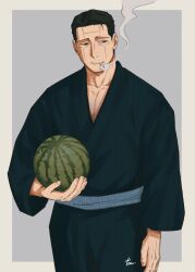 Rule 34 | 1boy, black hair, cheekbones, facial hair, feet out of frame, food, fruit, furrowed brow, goatee stubble, golden kamuy, green kimono, highres, holding, holding food, holding fruit, japanese clothes, kikuta mokutaro, kimono, looking to the side, male focus, mature male, mustache stubble, scar, scar on face, scar on forehead, short hair, sideburns, smoke trail, smoking, solo, standing, stubble, tonta (tonta1231), watermelon