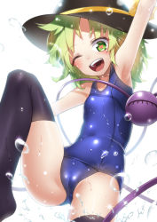 Rule 34 | 1girl, armpits, bobomaster, green eyes, green hair, hat, highres, komeiji koishi, matching hair/eyes, one-piece swimsuit, one eye closed, school swimsuit, shiny clothes, short hair, solo, swimsuit, thighhighs, third eye, touhou, wink