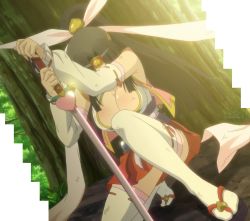 Rule 34 | anime screencap, black hair, breasts, cleavage, highres, long hair, momo kyun sword, momoko (momokyun), pleated skirt, screencap, skirt, sword, thighhighs, weapon