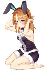 Rule 34 | 1girl, absurdres, animal ears, bare arms, bare shoulders, barefoot, black shirt, black shorts, blush, breasts, brown eyes, commentary request, detached collar, embarrassed, eyelashes, fake animal ears, frills, from side, fur trim, go-1, hair between eyes, highres, idolmaster, idolmaster cinderella girls, leotard, lips, long hair, looking at viewer, orange hair, pink lips, playboy bunny, rabbit ears, rabbit pose, rabbit tail, shirt, shorts, sitting, small breasts, solo, tail, toes, white background, wrist cuffs, yuuki haru