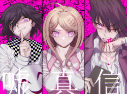 Rule 34 | 10s, 1girl, 2boys, ahoge, akamatsu kaede, asphyxiation, bleed through, blonde hair, blood, blood on face, book, checkered clothes, checkered scarf, closed mouth, danganronpa (series), danganronpa v3: killing harmony, finger to mouth, fortissimo, frown, hair ornament, hands on neck, holding, holding book, jacket, long hair, long sleeves, looking at viewer, mask, momota kaito, multiple boys, musical note, musical note hair ornament, one eye closed, oma kokichi, pink blood, pink sweater, purple eyes, purple hair, scan, scan artifacts, scarf, school uniform, shirt, short hair, shushing, smile, smirk, spoilers, strangling, sweatdrop, sweater, sweater vest, upper body, white jacket, white shirt, zuizi