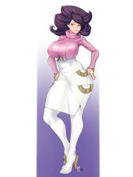 Rule 34 | 1girl, absurdres, big hair, boots, breasts, creatures (company), full body, game freak, gradient background, green eyes, hands on own hips, high heel boots, high heels, highres, huge breasts, long sleeves, looking to the side, narrow waist, nintendo, parted lips, pencil skirt, pokemon, pokemon sm, purple background, purple hair, skin tight, skirt, solo, standing, thigh boots, thighhighs, turtleneck, two-tone background, white background, wicke (pokemon), wide hips, zcune