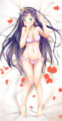 Rule 34 | 1girl, alternate eye color, arms up, bare arms, bare legs, bare shoulders, barefoot, bed sheet, between breasts, black hair, blush, bow, bow bra, bow panties, bra, braid, breasts, cleavage, collarbone, commentary request, covering own mouth, dakimakura (medium), earrings, flower, flower earrings, frilled panties, frills, full body, gluteal fold, green eyes, groin, hair flower, hair ornament, hairband, hand over own mouth, highres, jewelry, kanakura yui, kyon (kyouhei-takebayashi), lingerie, long hair, looking at viewer, lying, medium breasts, navel, necklace, nisekoi, nose blush, on back, on bed, panties, petals, pink bow, pink flower, pink hairband, pink rose, purple bra, purple panties, rose, solo, twin braids, underwear, underwear only, very long hair
