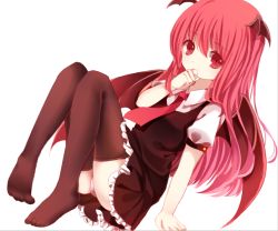 Rule 34 | 1girl, arm support, bad id, bad pixiv id, bat wings, black thighhighs, covering own mouth, hand to own mouth, head wings, koakuma, long hair, looking at viewer, moseley, necktie, no shoes, panties, pantyshot, pink panties, reclining, red eyes, red hair, red necktie, short sleeves, simple background, sitting, skirt, skirt set, solo, thighhighs, touhou, underwear, upskirt, white background, wings