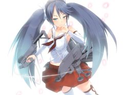 Rule 34 | 10s, 1girl, aqua eyes, ayagi daifuku, blue hair, blush, cannon, detached sleeves, isuzu (kancolle), jewelry, kantai collection, long hair, navel, personification, ring, skirt, smile, solo, thighhighs, twintails, very long hair, weapon