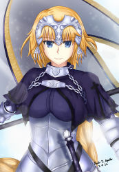 Rule 34 | 1girl, absurdres, armor, armored dress, blonde hair, blue eyes, braid, breasts, capelet, dated, dress, fate/apocrypha, fate/grand order, fate (series), gauntlets, headpiece, highres, jeanne d&#039;arc (fate), jeanne d&#039;arc (ruler) (fate), large breasts, long hair, purple eyes, seraphim throne, signature, single braid, smile, solo