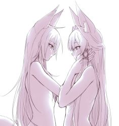 Rule 34 | 2girls, animal ears, blush, closed mouth, eye contact, fox ears, fox tail, hair intakes, hair tubes, hand on another&#039;s cheek, hand on another&#039;s face, long hair, looking at another, monochrome, multiple girls, nude, original, profile, purple theme, simple background, smile, tail, very long hair, white background, yagi (ningen), yuri