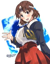 Rule 34 | 1girl, blouse, blue sky, breasts, brown eyes, brown hair, chiyoda (kancolle), commentary, cowboy shot, hakama, hakama skirt, headband, japanese clothes, kantai collection, long sleeves, looking at viewer, open mouth, parted bangs, red hakama, sagamiso, shirt, short hair, skirt, sky, smile, solo, teeth, twitter username, white background