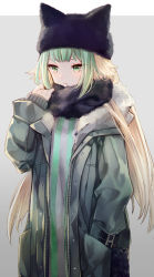 Rule 34 | 1girl, animal ears, animal hat, atalanta (fate), blonde hair, cat ears, cat hat, closed mouth, coat, fate/apocrypha, fate (series), fur trim, green eyes, green hair, hand in pocket, hat, long hair, looking at viewer, miyuki ruria, multicolored hair, scarf, solo, striped, two-tone hair, unzipped, vertical stripes, zipper