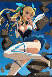 Rule 34 | 1girl, aizawa hikaru, aqua eyes, blonde hair, blue eyes, boots, breasts, caee penguin, cleavage, headphones, high heels, highres, large breasts, leg up, legs, long hair, long legs, megaphone, microsoft, os-tan, shoes, silverlight, solo, thigh boots, thighhighs, thighs, twintails, white thighhighs