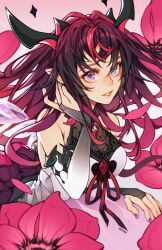 Rule 34 | 1girl, artist name, black hair, blue eyes, blush, breasts, bridal gauntlets, closed mouth, demon horns, detached sleeves, detached wings, dress, eyelashes, flower, gradient dress, gradient hair, halo, hand in own hair, heterochromia, highres, hololive, hololive english, horns, irys (hololive), irys (irys 1.0) (hololive), lips, long hair, looking at viewer, medium breasts, multicolored hair, nail polish, oxcoxa, parted lips, pink background, pink flower, pointy ears, purple eyes, purple hair, purple nails, red hair, red ribbon, ribbon, signature, simple background, smile, solo, streaked hair, upper body, virtual youtuber, white dress, wings