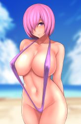 Rule 34 | 1girl, arms behind back, beach, breasts, collarbone, cowboy shot, day, covered erect nipples, fate/grand order, fate (series), hair over one eye, highres, huge breasts, light purple hair, looking at viewer, mash kyrielight, navel, outdoors, purple eyes, short hair, sky, slingshot swimsuit, solo, swimsuit, yashichii