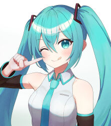 Rule 34 | 1girl, :q, absurdres, aqua eyes, aqua hair, aqua necktie, blush, breasts, commentary, detached sleeves, finger to cheek, grey shirt, hatsune miku, highres, index finger raised, long hair, long sleeves, looking at viewer, necktie, one eye closed, rukimi8787, shirt, simple background, sleeveless, sleeveless shirt, small breasts, smile, solo, tongue, tongue out, twintails, vocaloid, white background