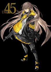 Rule 34 | armband, black jacket, brown hair, girls&#039; frontline, gun, highres, holding, holding gun, holding weapon, hood, hood down, hooded jacket, jacket, karlwolf, long hair, open clothes, open jacket, personification, scar, ump45 (girls&#039; frontline), weapon, yellow eyes