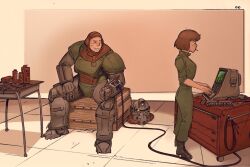 1boy 1girl armor boots brotherhood_of_steel brotherhood_of_steel_paladin cable clenched_hand coif computer crate desk drawer drill fallout green_jumpsuit hammer helmet highres jumpsuit power_armor sitting smile teeth tungsten_hale