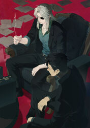Rule 34 | 2boys, absurdres, anx87400528, black hair, briefcase, cigarette, couch, eyepatch, from above, gangsta, highres, male focus, mature male, multiple boys, nicolas brown, on couch, sitting, smile, smoke, smoking, tsurime, worick arcangelo