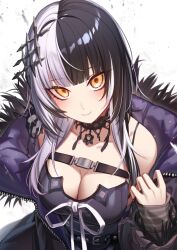 Rule 34 | 1girl, black hair, breasts, choker, cleavage, dress, erezu, fur trim, grey hair, hair ornament, highres, hololive, hololive english, jacket, large breasts, long hair, looking at viewer, multicolored hair, off shoulder, shiori novella, shiori novella (1st costume), simple background, smile, solo, split-color hair, two-tone hair, upper body, virtual youtuber, white background, white hair, yellow eyes