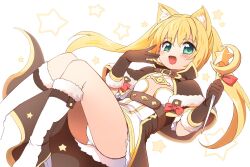Rule 34 | 1girl, :d, animal ear fluff, animal ears, arch mage (ragnarok online), blonde hair, blush, boots, breasts, brown capelet, brown dress, brown gloves, capelet, cat ears, commentary request, crescent, dress, emurin, full body, fur-trimmed boots, fur-trimmed capelet, fur-trimmed gloves, fur trim, gloves, gold trim, green eyes, highres, holding, holding wand, long hair, looking at viewer, open mouth, panties, pantyshot, ragnarok online, short dress, small breasts, smile, solo, star (symbol), twintails, two-tone dress, underwear, wand, white dress, white footwear, white panties