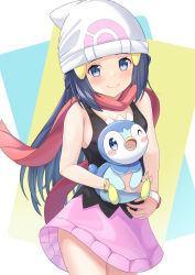 Rule 34 | 1girl, absurdres, beanie, black hair, black shirt, blue eyes, blush, bracelet, breasts, closed mouth, commentary request, creatures (company), dawn (pokemon), eyelashes, floating scarf, game freak, gen 4 pokemon, hat, highres, holding, holding pokemon, jewelry, kaede (maple4rt), long hair, looking at viewer, nintendo, pink skirt, piplup, pokemon, pokemon (creature), pokemon dppt, red scarf, scarf, shirt, sideboob, skirt, sleeveless, sleeveless shirt, smile, white headwear