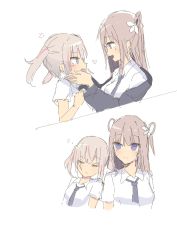 Rule 34 | 2girls, anger vein, black jacket, blue eyes, blush, brown hair, closed eyes, closed mouth, collared shirt, commentary request, cropped torso, hair between eyes, hair rings, hands on another&#039;s face, heart, highres, jacket, long hair, multicolored hair, multiple girls, necktie, off shoulder, open clothes, open jacket, original, pink hair, purple eyes, purple neckwear, shirt, short sleeves, simple background, sketch, sleeping, smile, streaked hair, tsuruse, twintails, two side up, white background, white shirt, zzz
