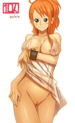 Rule 34 | 10hmugen, 1girl, artist name, black eyes, blush, bracelet, breast hold, breasts, clothes lift, dated, dress, dress lift, earrings, female focus, hand on thigh, highres, jewelry, log pose, long hair, nami (one piece), nipples, one piece, orange hair, ponytail, pussy, see-through, signature, simple background, smile, solo, uncensored, white background